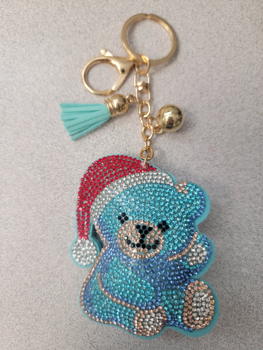 Sparkling Blue Teddy Keychain with Santa Hat -